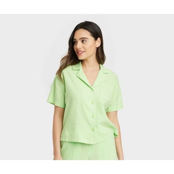 a new day Tops - A New Day - Women's Green Linen Short Sleeve Button-Down Camp Shirt - Medium